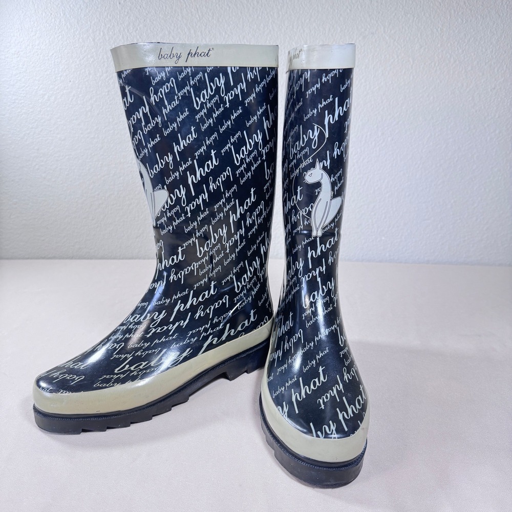 Y2K Baby Phat Women's Black Gray All Over Logo‎ Rain Snow Boots Size 7 Vintage